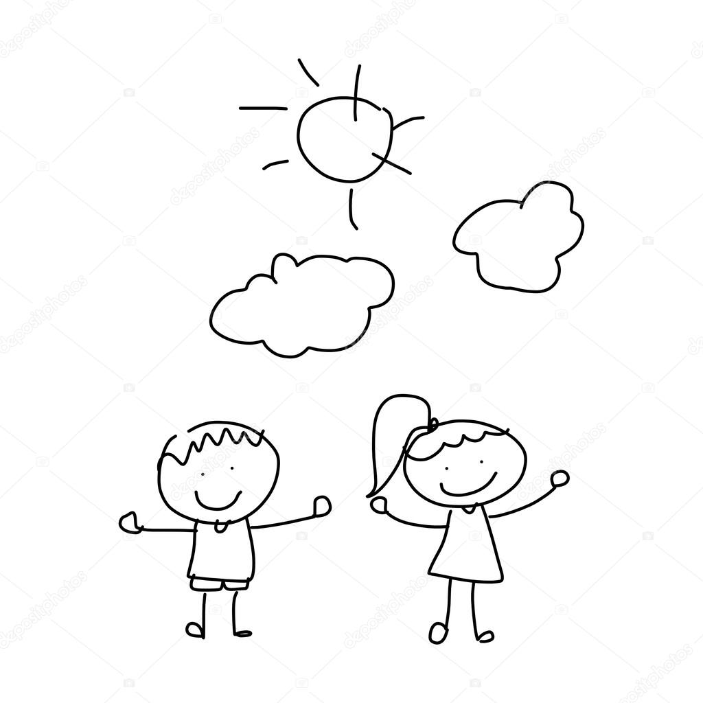 1024x1024 Hand Drawing Cartoon Of Happy Boy And Girl Stock Vector