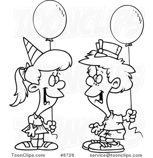 581x600 Cartoon Black And White Line Drawing Of A Birthday Boy And Girl