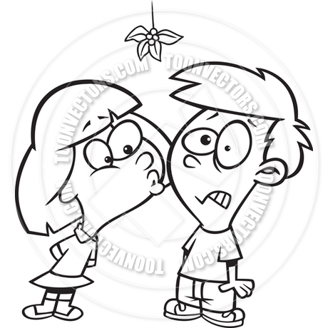 460x460 Cartoon Girl Kissing A Boy Under Mistletoe (Black Amp White Line Art