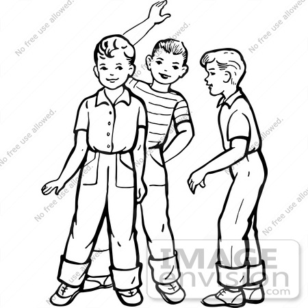 450x450 Clipart Of Retro Boys Talking And Waving In Black And White