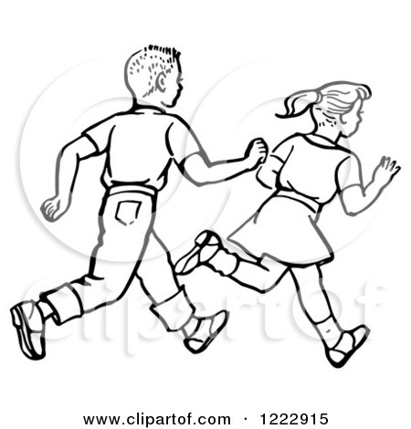 450x470 Clipart Of A Retro Boy And Girl Running In Black And White