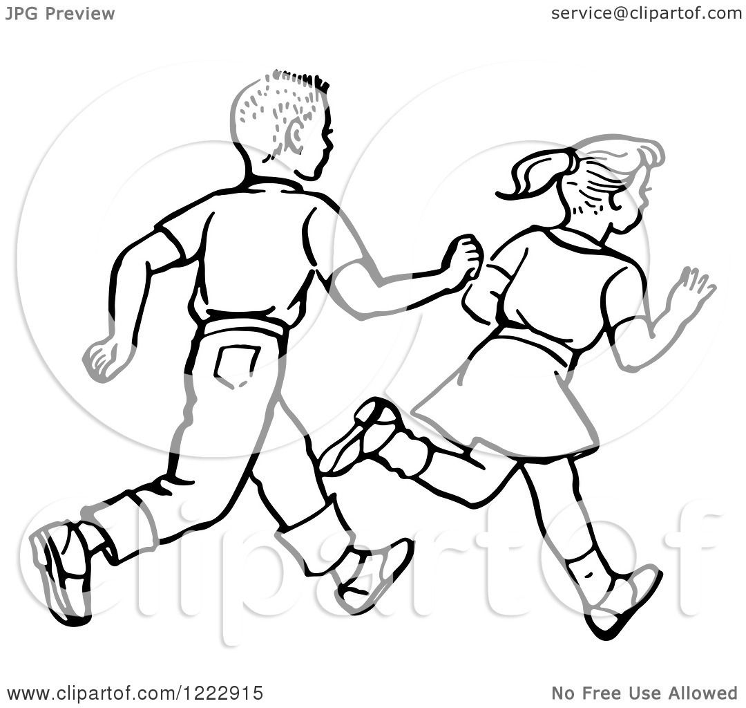 1080x1024 Clipart Of A Retro Boy And Girl Running In Black And White
