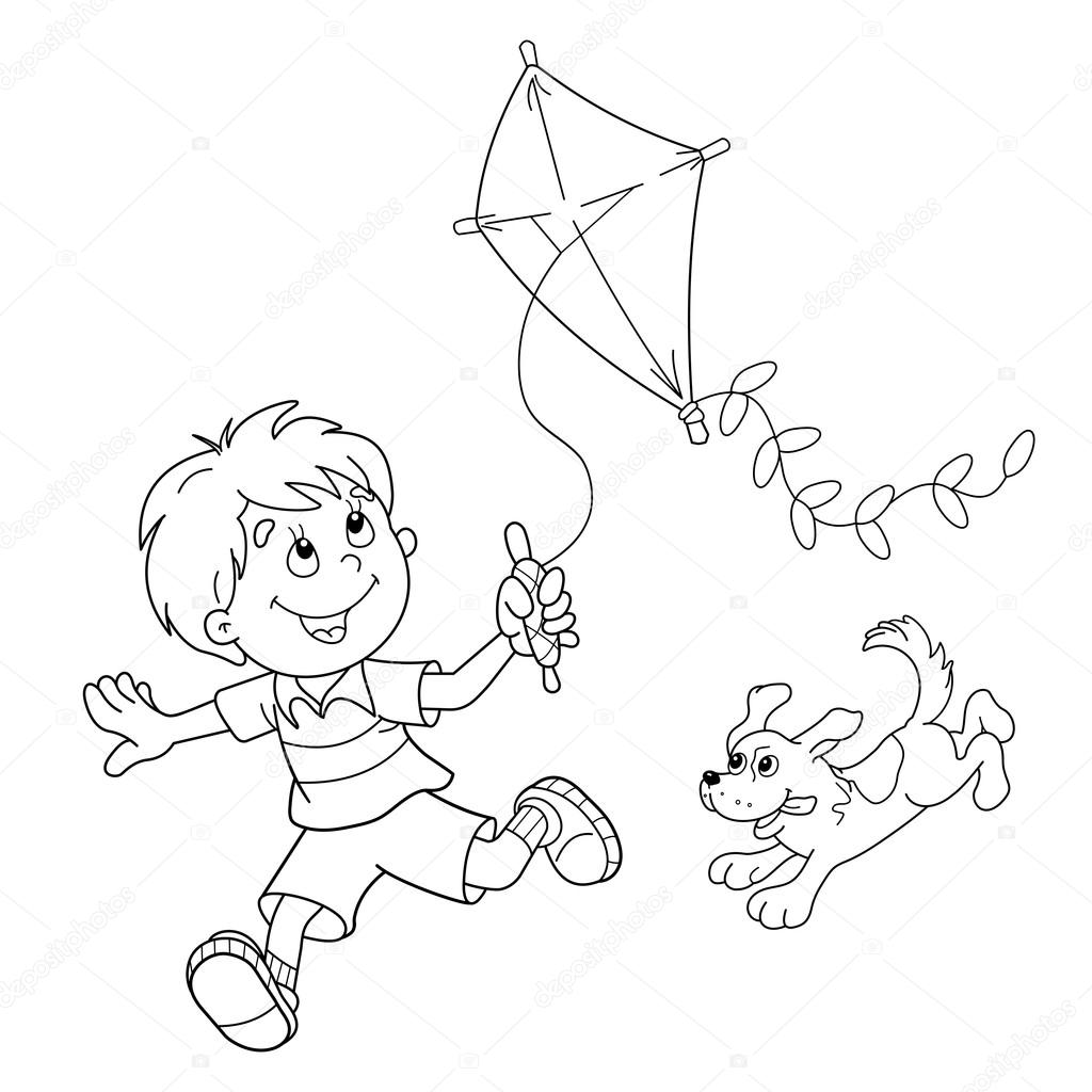 1024x1024 Coloring Page Outline Of Cartoon Boy Running With Kite With Dog