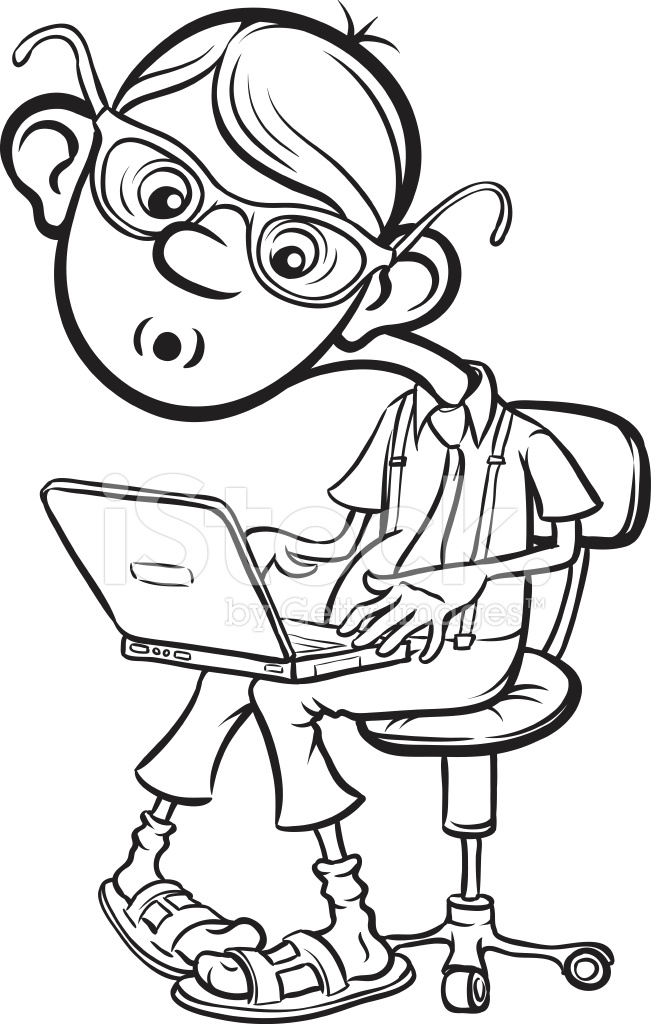 651x1024 Whiteboard Drawing Cartoon Geek Boy Sitting With Laptop Stock