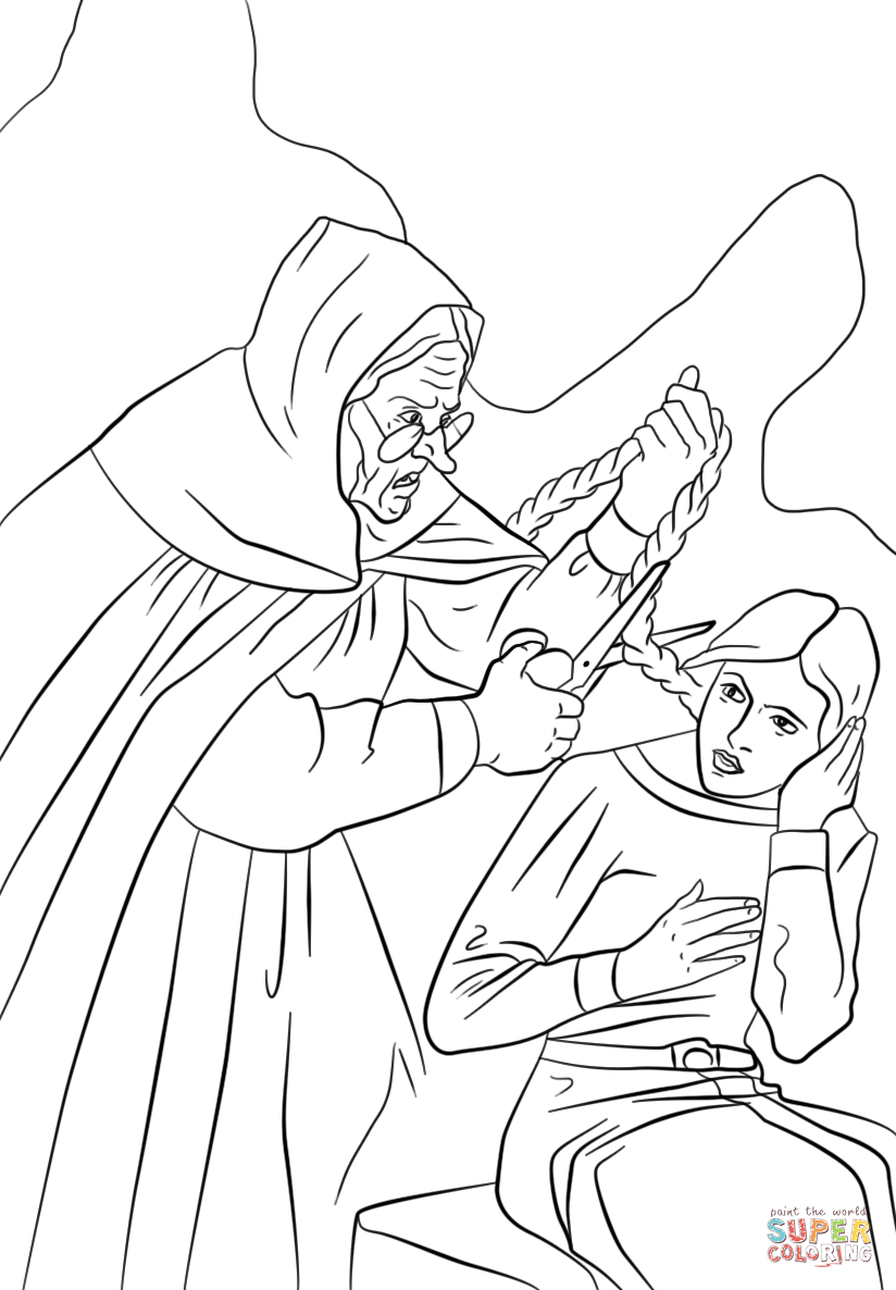 824x1186 Dame Gothel Cutting Rapunzel's Long Braided Hair Coloring Page