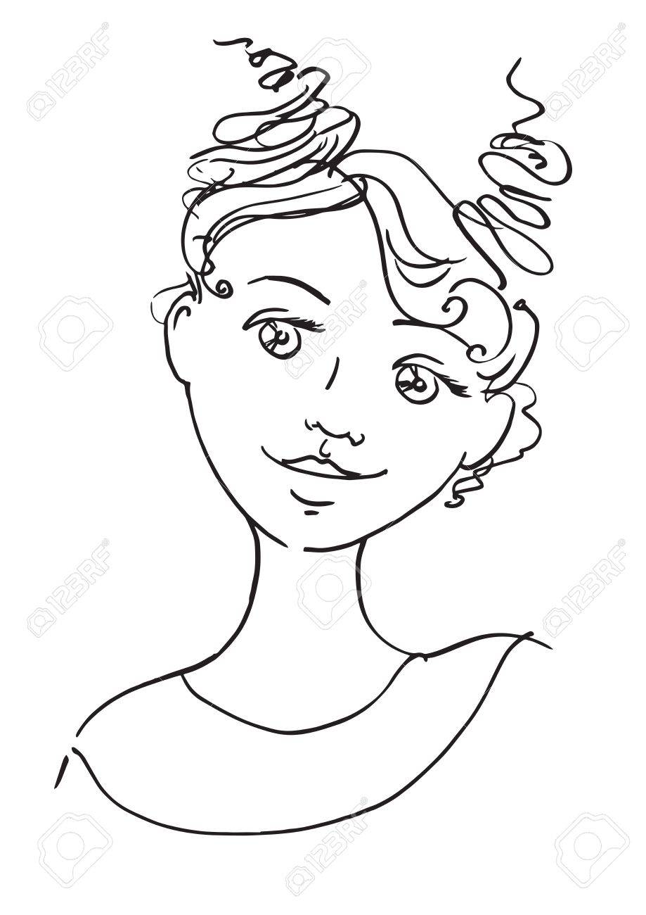 919x1300 Beautiful Young Woman. Sketch Hand Drawing Contour Vector Graphics