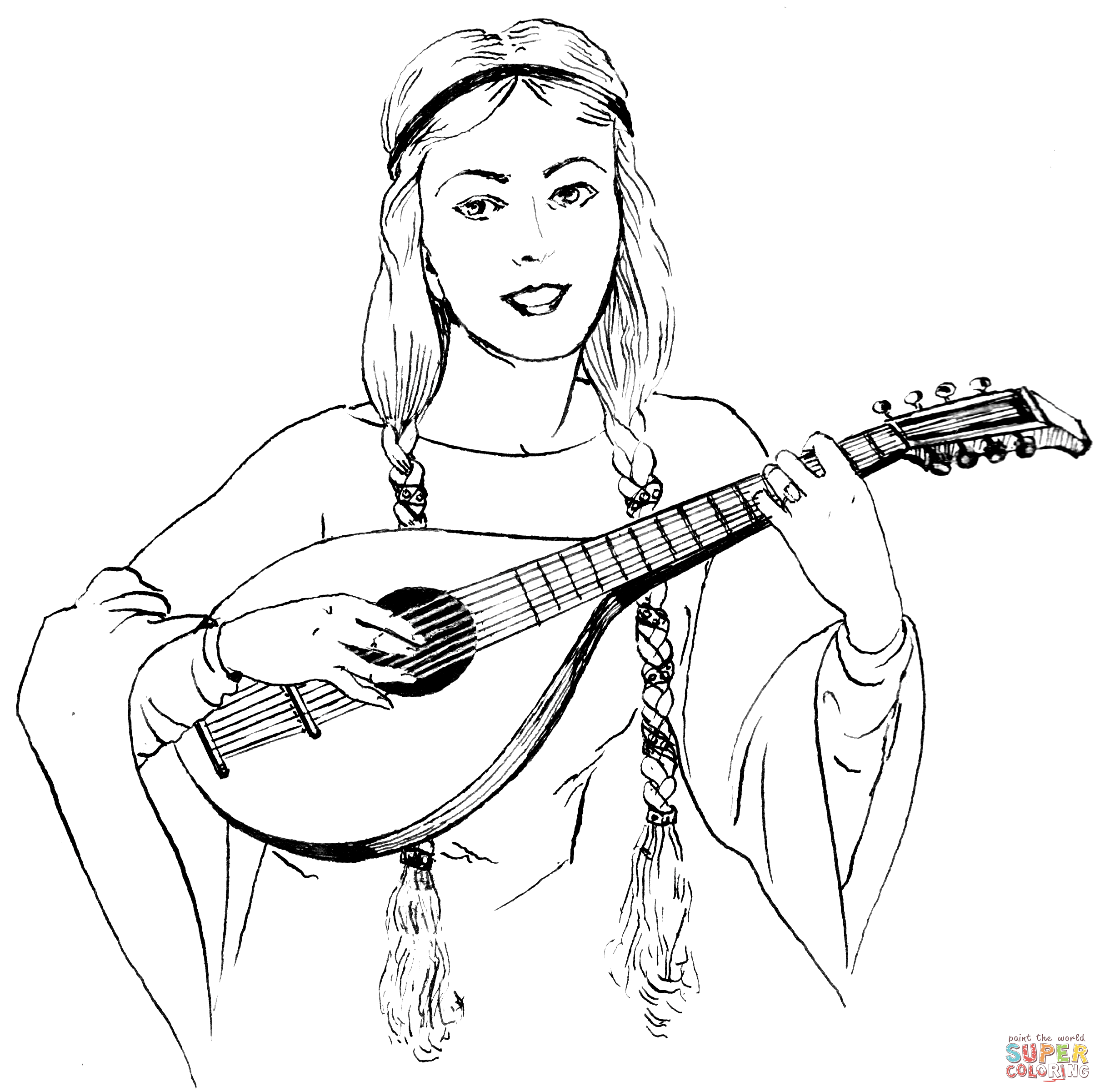 2420x2401 Woman In Braids Playing A Lute Coloring Page Free Printable