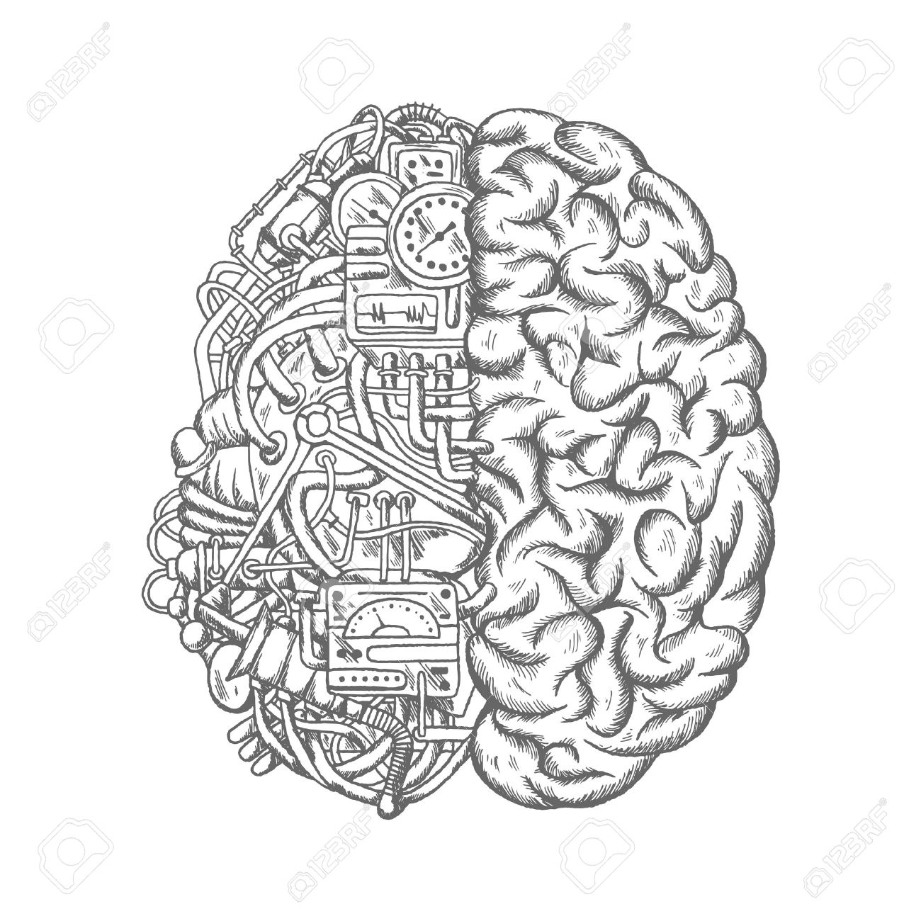 1300x1300 Brain Mechanism Sketch Vector Icon. Human Brain Half Of Machine