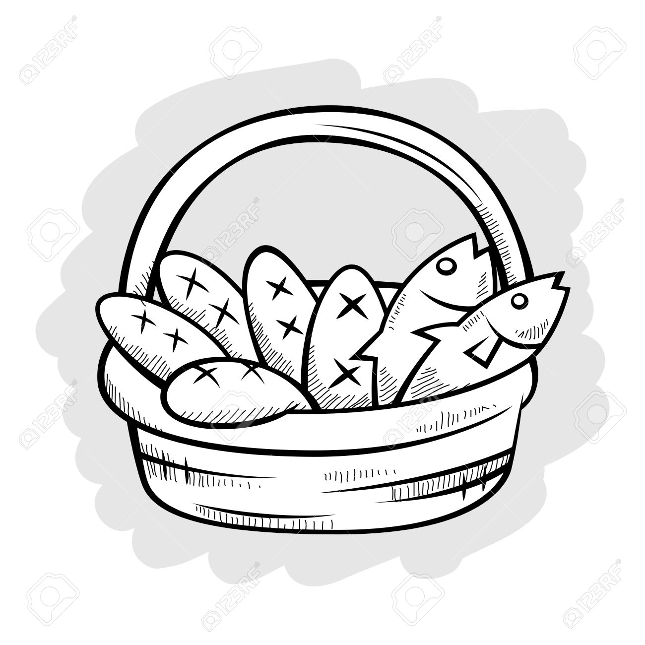 1300x1300 Five Bread And Two Fish In A Basket, Vector Illustration Royalty