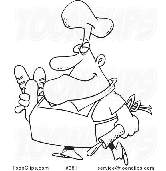 581x600 Cartoon Black And White Line Drawing Of A Baker Carrying Bread