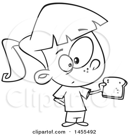 450x470 Clipart Of A Cartoon Lineart Girl Holding A Slice Of Bread