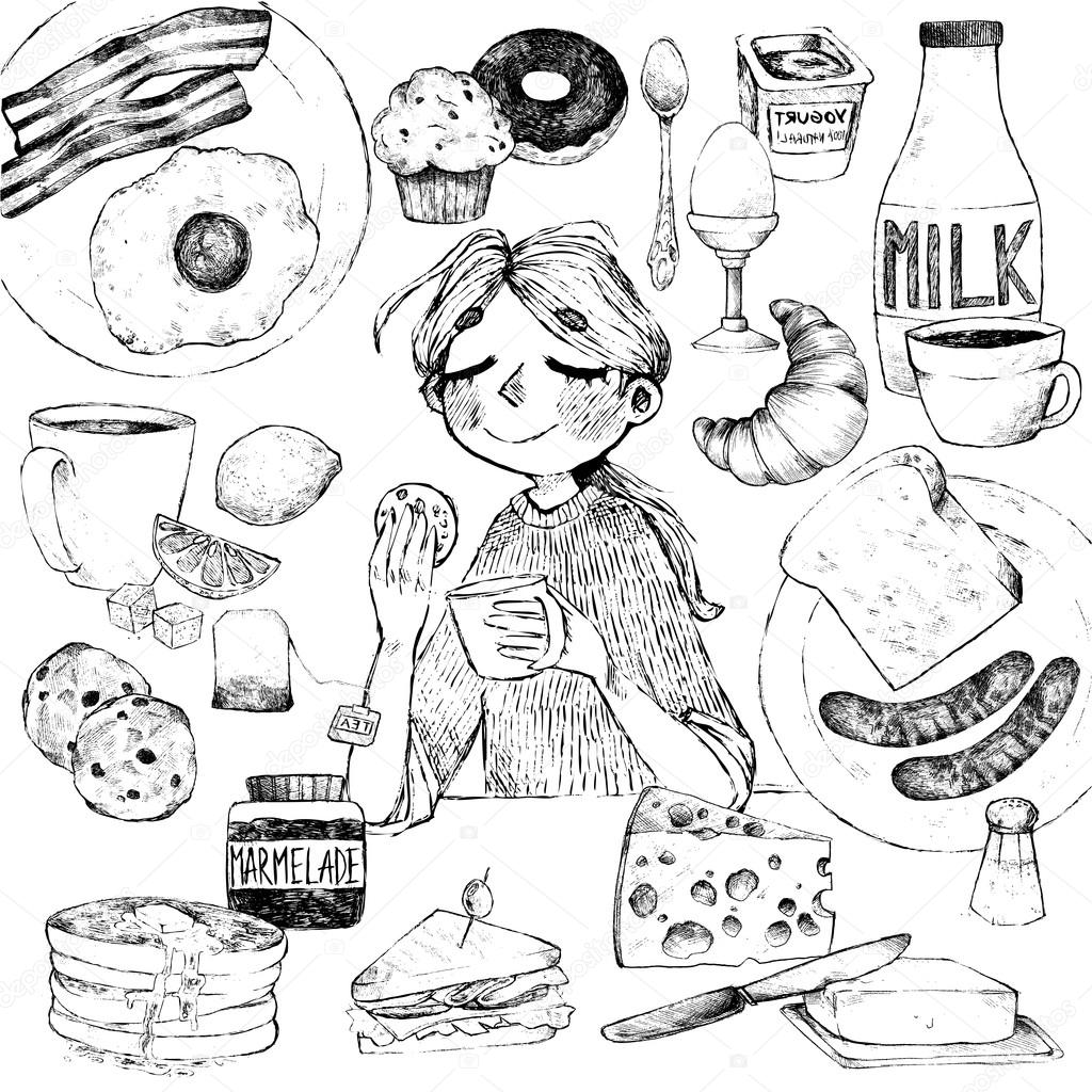 1024x1024 Breakfast. Hand Drawing Of Food And Beverages. The Girl Has Brea
