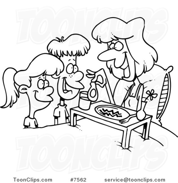 581x600 Cartoon Black And White Line Drawing Of Children Serving Their Mom