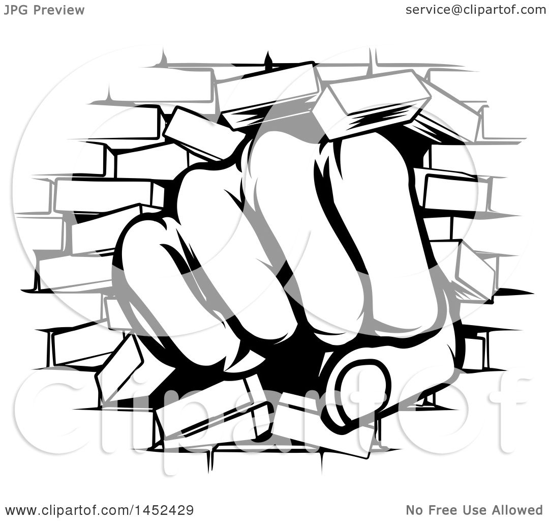 1080x1024 Clipart Of A Black And White Fist Punching Through A Brick Wall