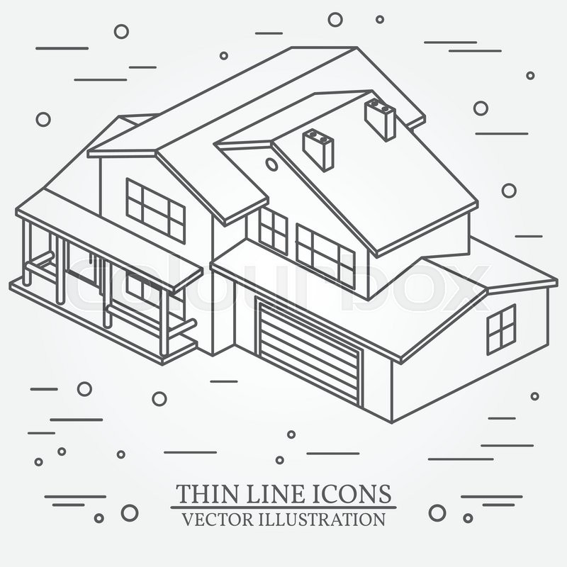 800x800 Vector Thin Line Icon Isometric Suburban American House. For Web
