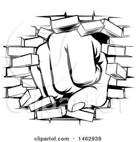 450x470 Clipart Of A Black And White Fist Punching Through A Brick Wall