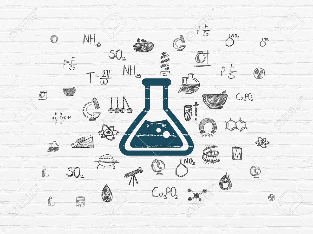 1300x975 Science Concept Painted Blue Flask Icon On White Brick Wall