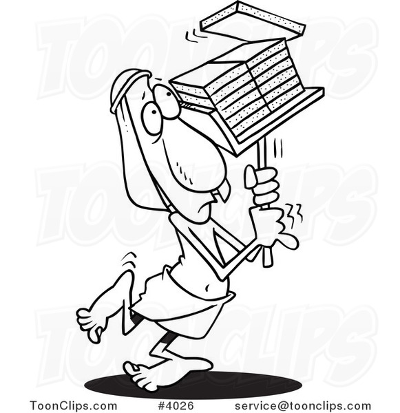 581x600 Cartoon Black And White Line Drawing Of A Laborer Carrying Bricks