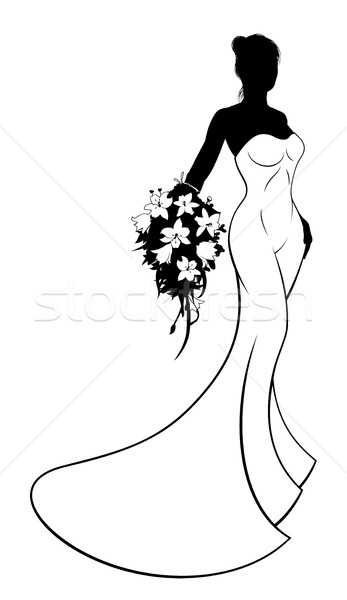 347x600 Wedding Bride Silhouette Holding Flowers Vector Illustration