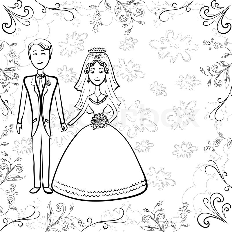 800x800 Cartoon, Black Contours Wedding, The Bride And Groom On A Floral
