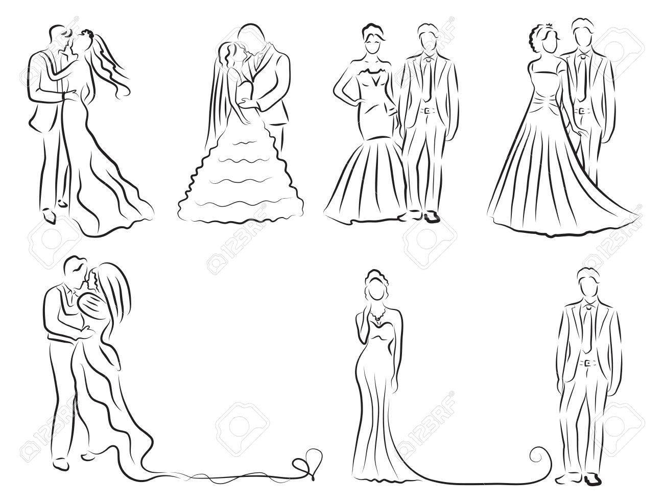 1300x987 Silhouette Of Bride And Groom Set, Newlyweds Sketch, Hand Drawing