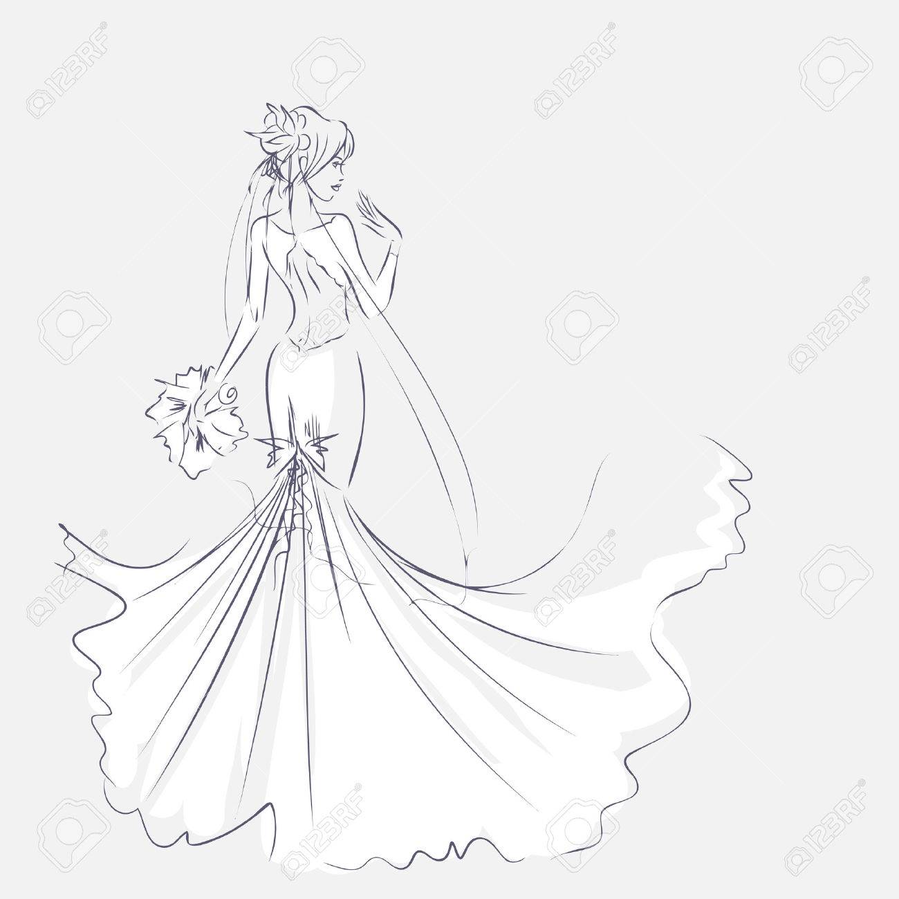 1300x1300 Art Sketch Of Elegant Young Bride With The Bride's Bouquet