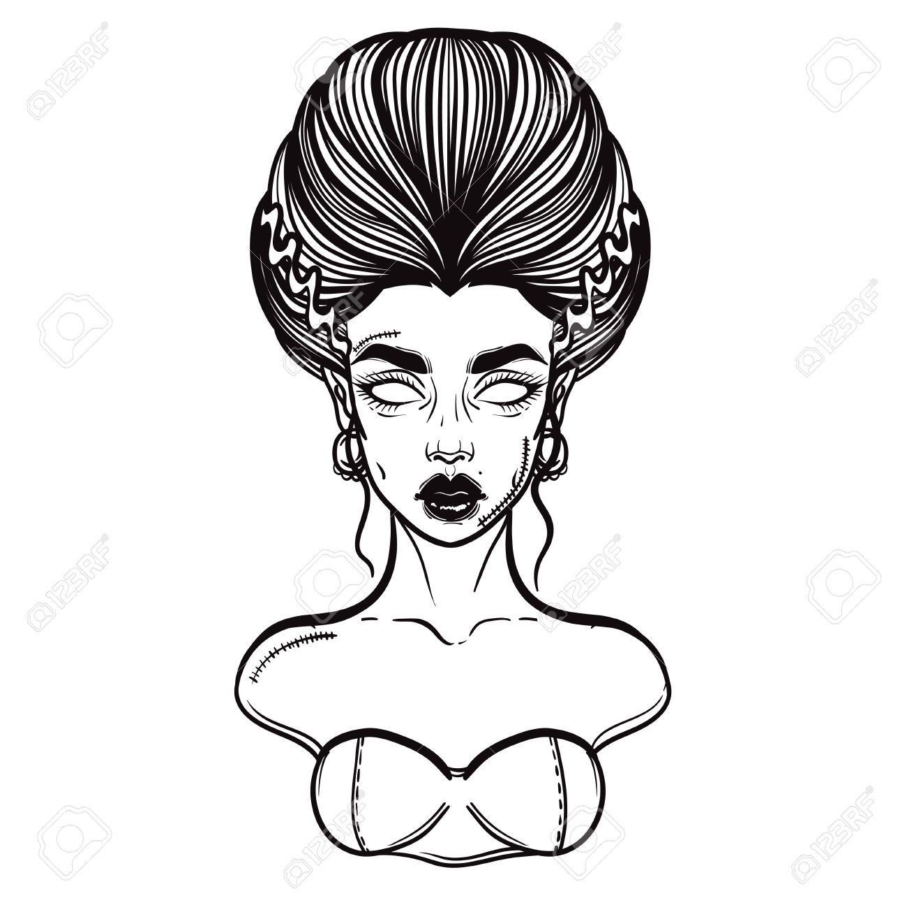 1300x1300 The Bride Of Frankenstein Girl Line Art. Hand Drawn Vector