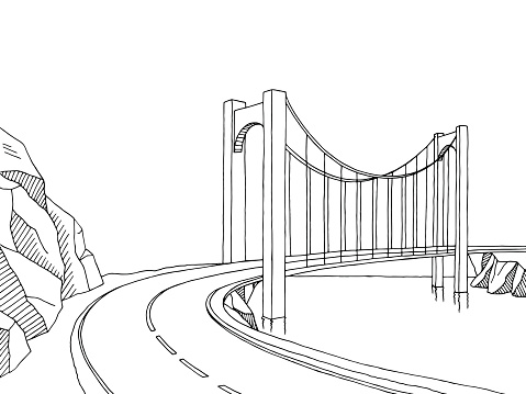 479x359 Bridge Graphic Black White Landscape Sketch Illustration Vector