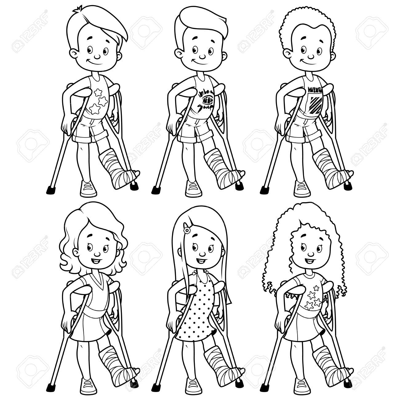 1300x1300 Smiling Girls And Boys With A Broken Leg In A Cast. Vector