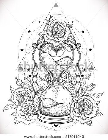 363x470 Decorative Antique Hourglass With Roses Illustration Isolated