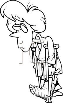 214x350 Black And White Cartoon Of A Woman, With A Broken Leg, On Crutches