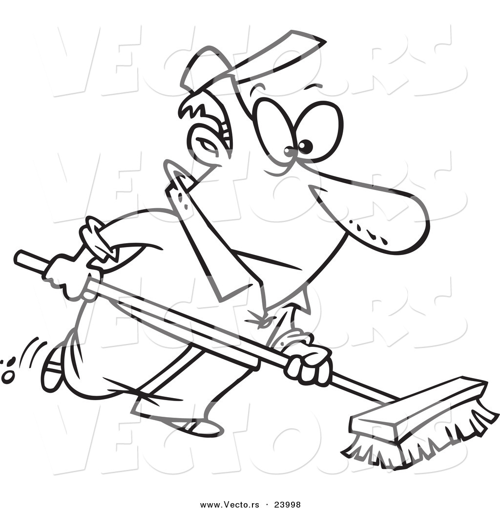 1024x1044 Vector Of A Cartoon Man Using A Push Broom