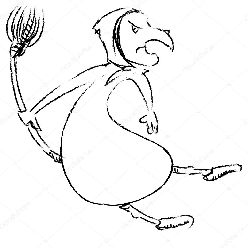 1024x1024 Witch With Broom Isolated On White. Hand Drawing Sketch Vector