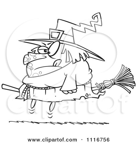 450x470 Cartoon Of An Outlined Halloween Fat Witch On A Broomstick