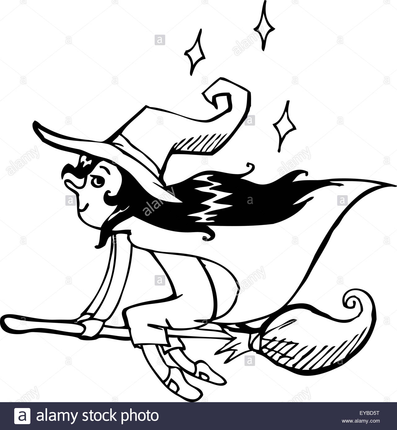 1281x1390 Vector Illustration. Witch Flying On A Broom. Black Outline Sketch
