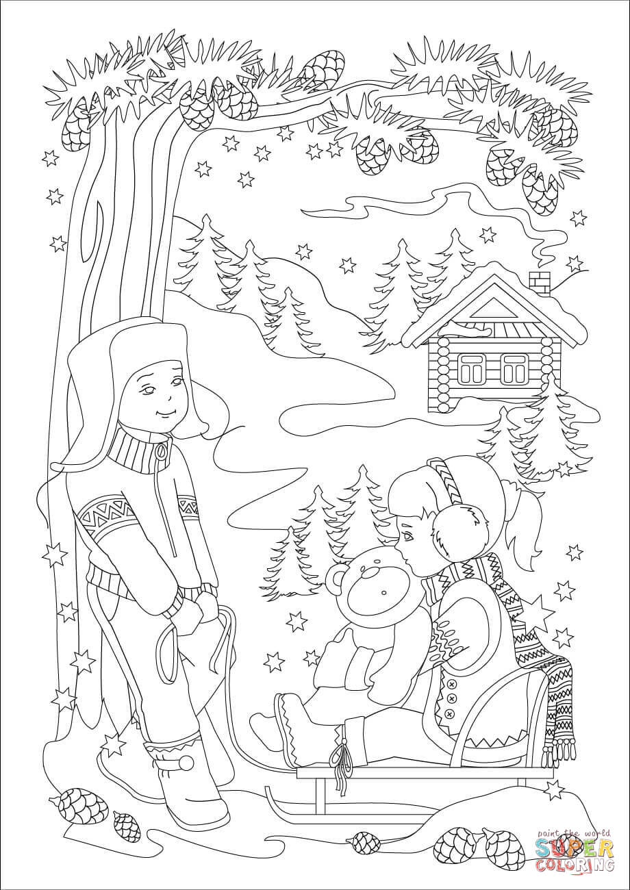 920x1300 A Little Brother Is Pulling A Little Sister On A Sled Coloring