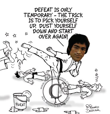 369x383 Defeat Is A State Of Mind Bruce Lee Cartoon Motivators