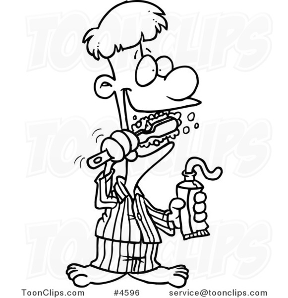 581x600 Cartoon Black And White Line Drawing Of A Guy Brushing His Teeth