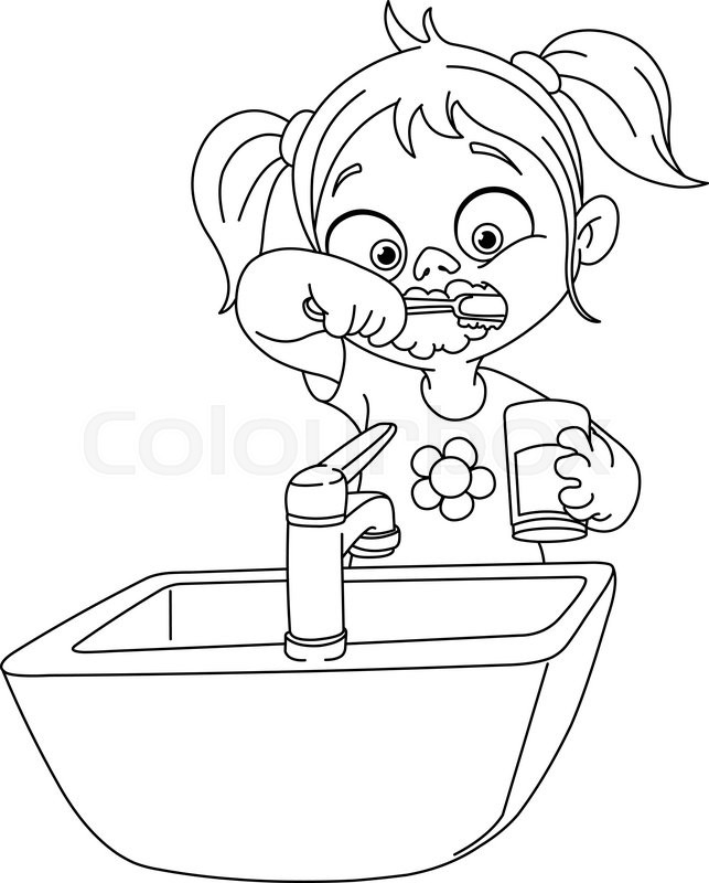 643x800 Outlined Young Girl Brushing Her Teeth. Vector Illustration