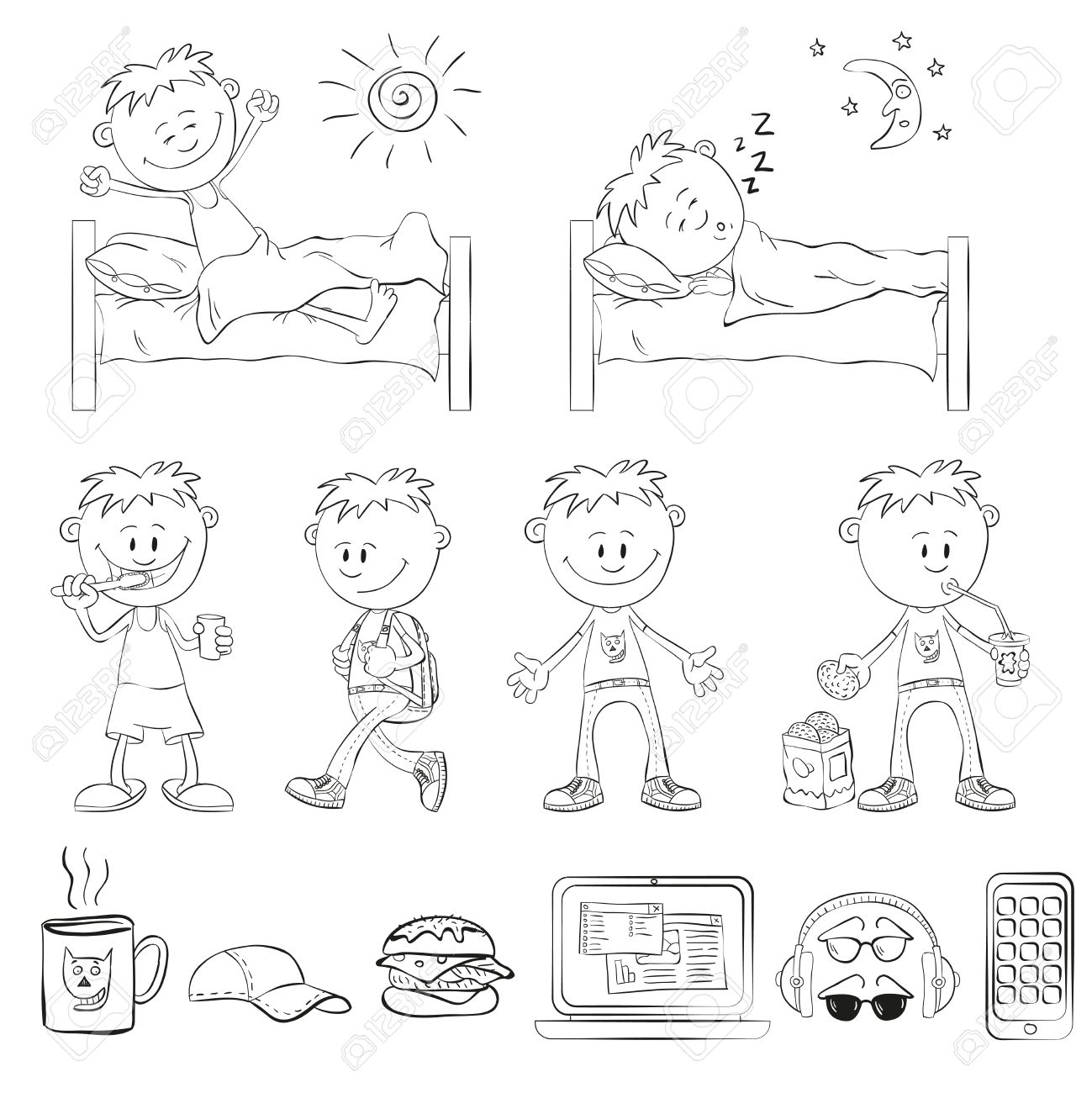 1299x1300 Boy Draw The Outline Of A Sketch Style. The Boy Wakes Up, Sleeping