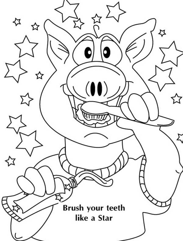600x792 A Pig Brushing His Teeth In Dental Health Coloring Page Color Luna