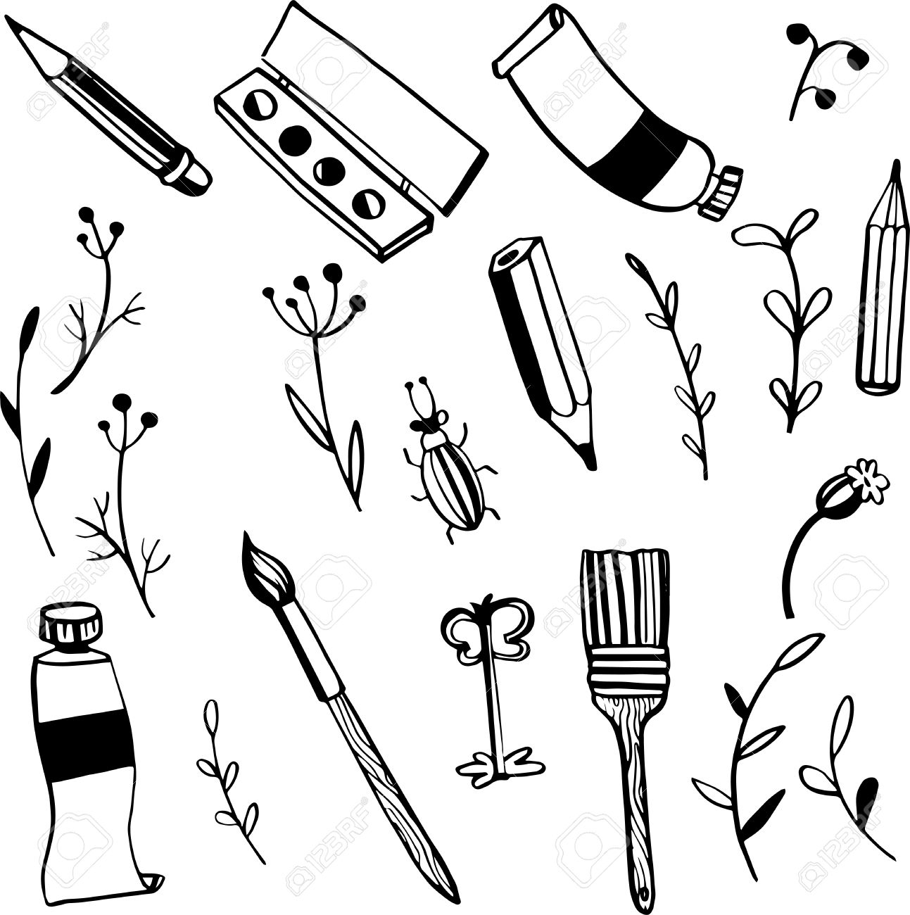 1293x1300 Doodle Art Materials Set, Tubes Of Paint, Brushes And Pencils