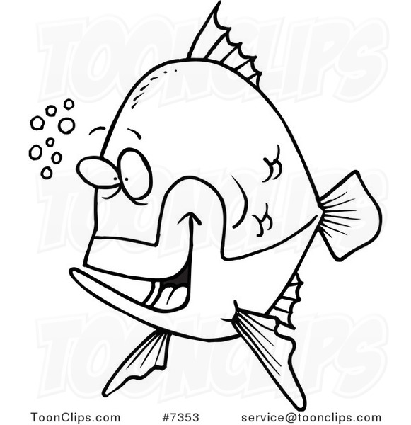 581x600 Cartoon Black And White Line Drawing Of A Happy Fish With Bubbles