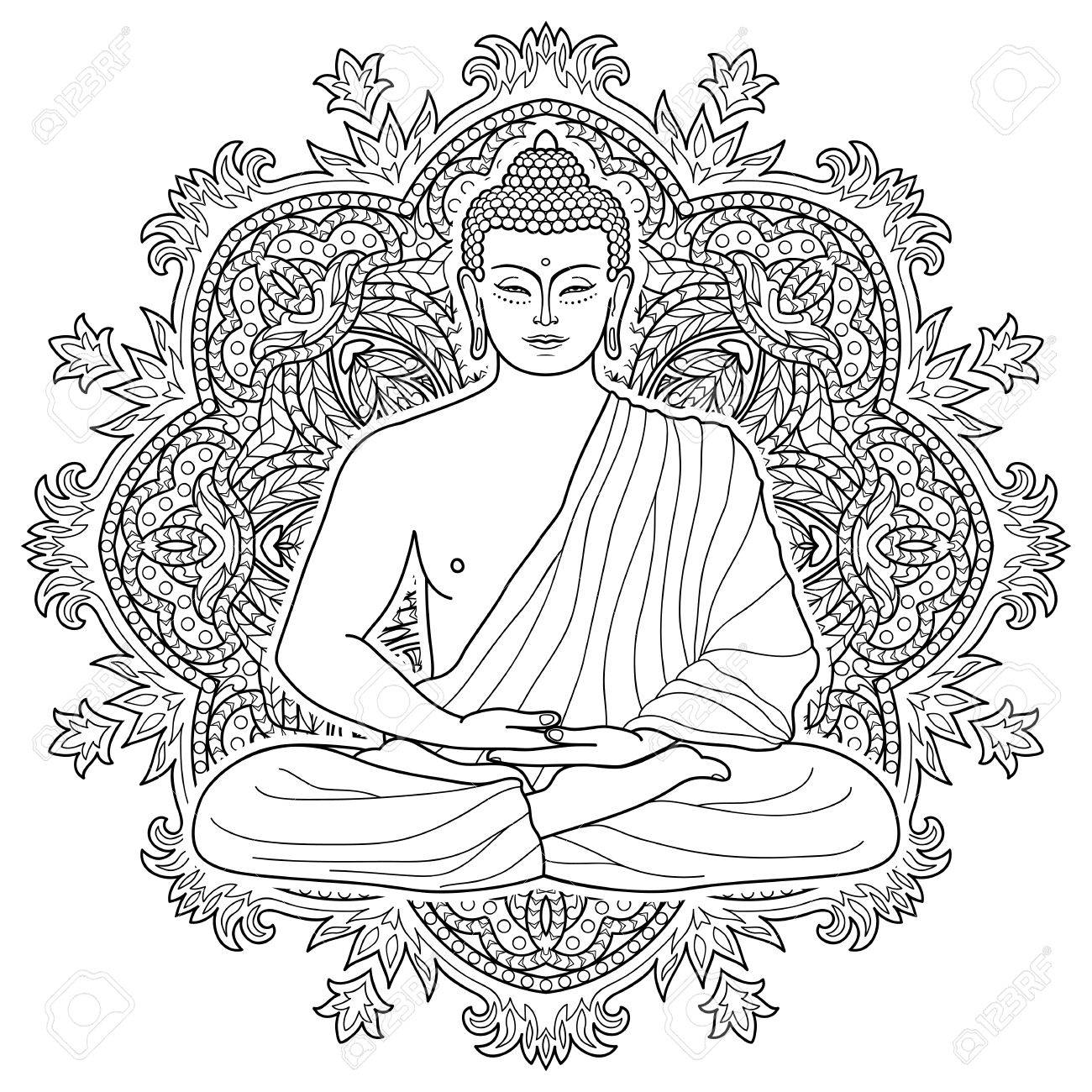 1300x1300 Sitting Buddha In Lotus Position On Mandala Round Background