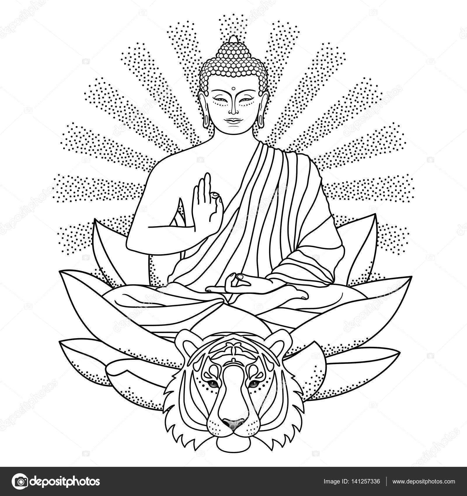 1600x1700 Buddha Sitting On Lotus With Light And Tiger Stock Vector