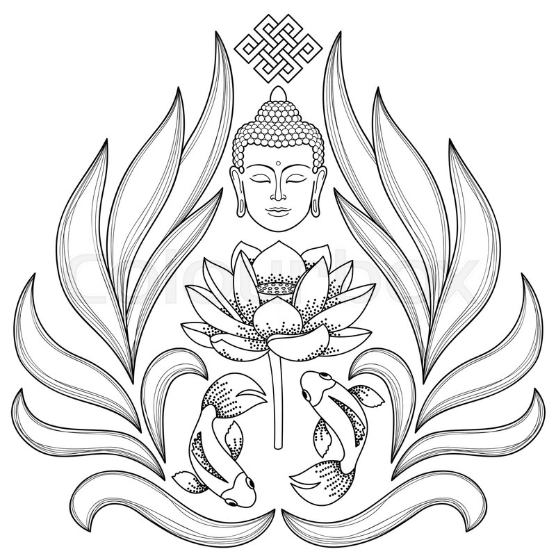 800x800 Buddha Head With Endless Knot, Lotus, Fishes On White Background