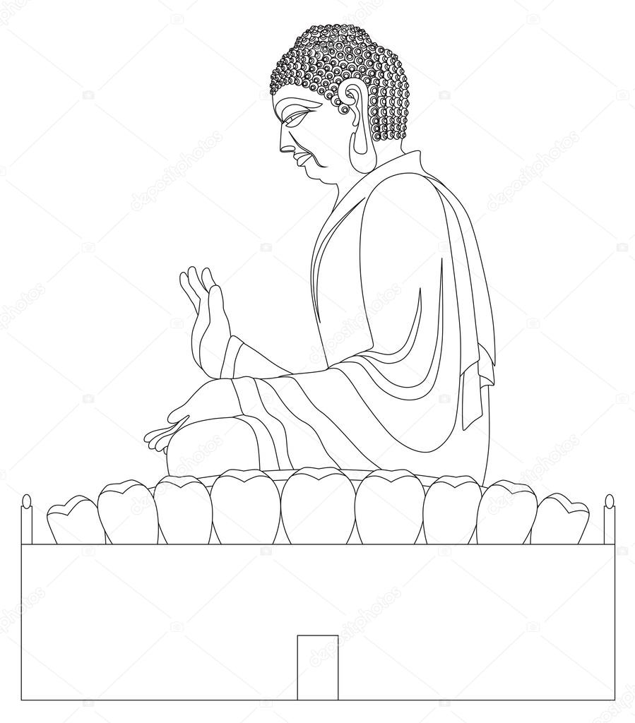 899x1024 Big Buddha Sitting Statue Black And White Line Art Illustration