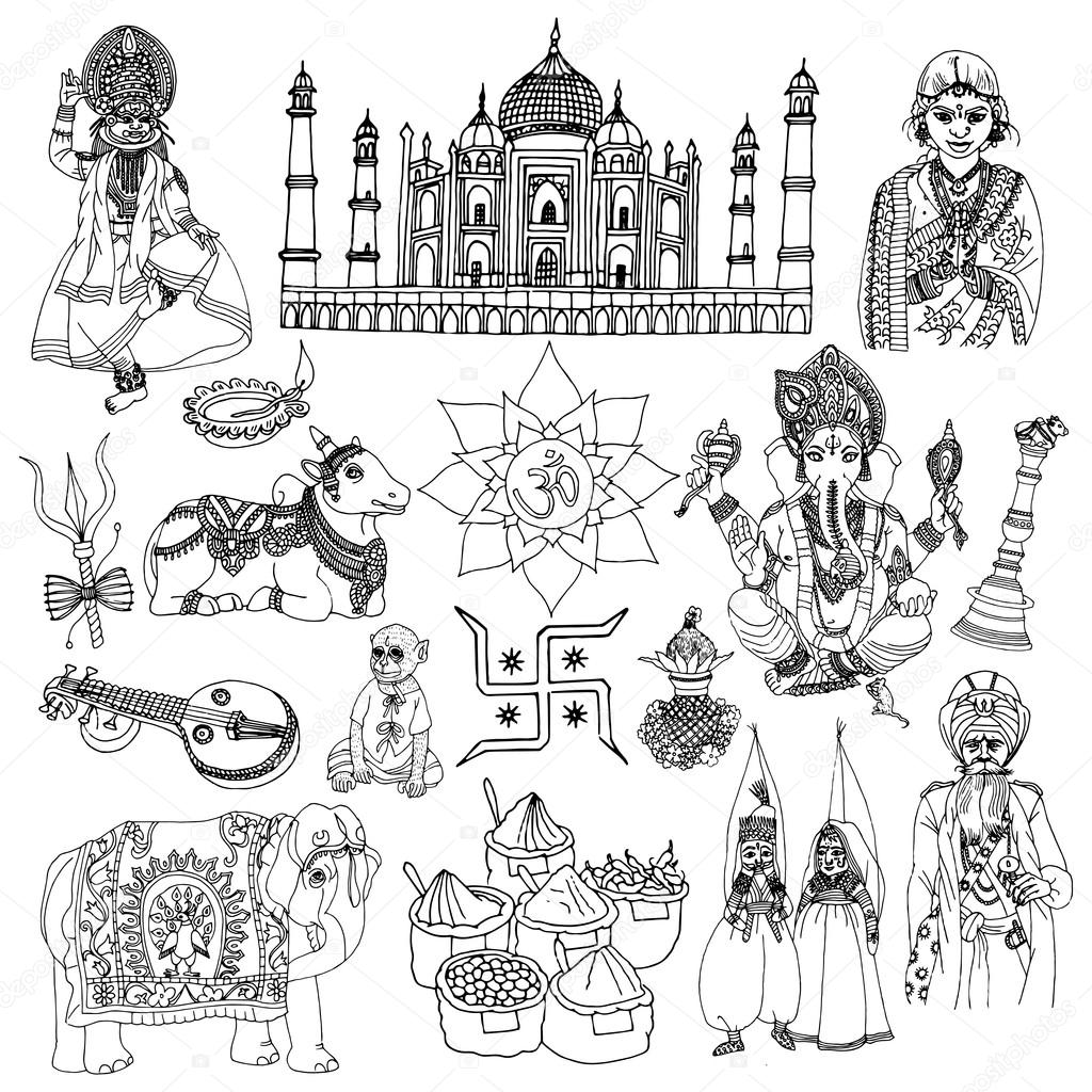 1024x1024 India Sketch Set Stock Vector Macrovector