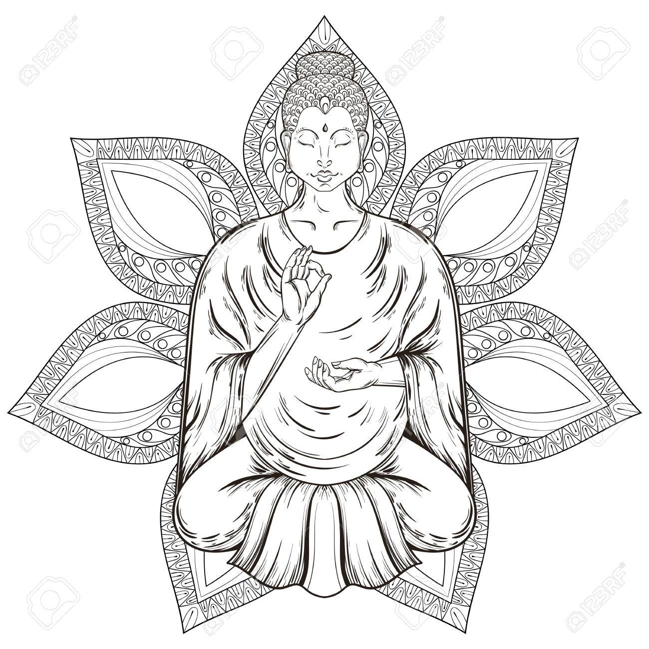 1300x1300 Vector Sitting Buddha In Lotus Pose, Isolated On Mandala, Teaching