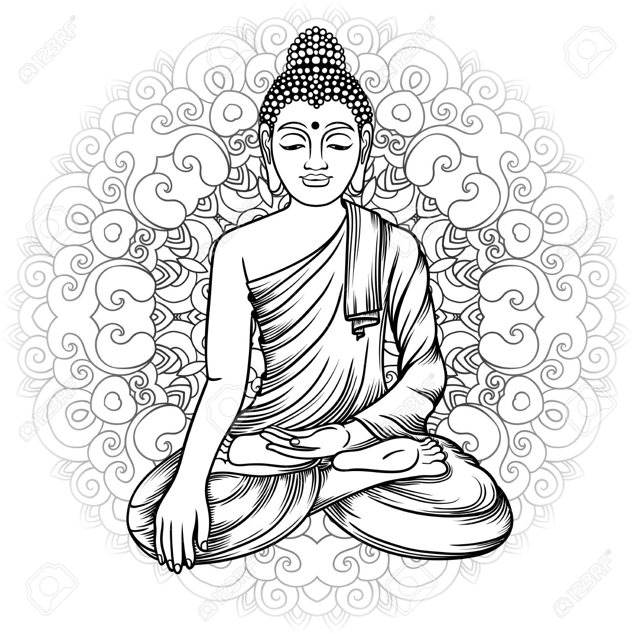 1299x1300 Buddha Gautama With Mandala Vector Illustration. Vintage